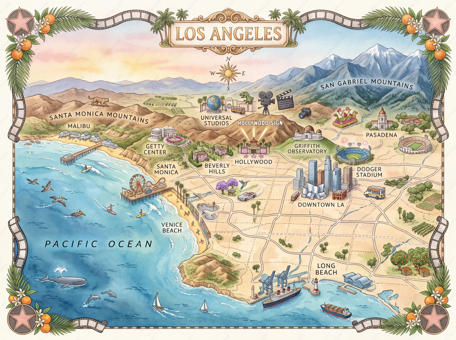 Illustrated map of Los Angeles from Malibu to Long Beach and Pasadena, showing beaches, Hollywood, Downtown and mountains.